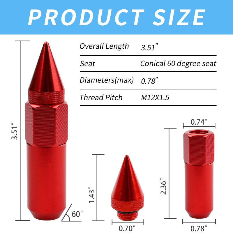 EZPROIT M12X1.5 Spiked Nuts for Rims Aluminum Extended Tuner Lug Nuts 20PCS 60MM (Red) - Image 2